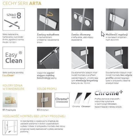 Radaway Arta KDJ I kabina prostokątna 90x75 drzwi otwierane 90 lewe + ścianka 75 chrom przeźroczyste Easy Clean 386018-03-01