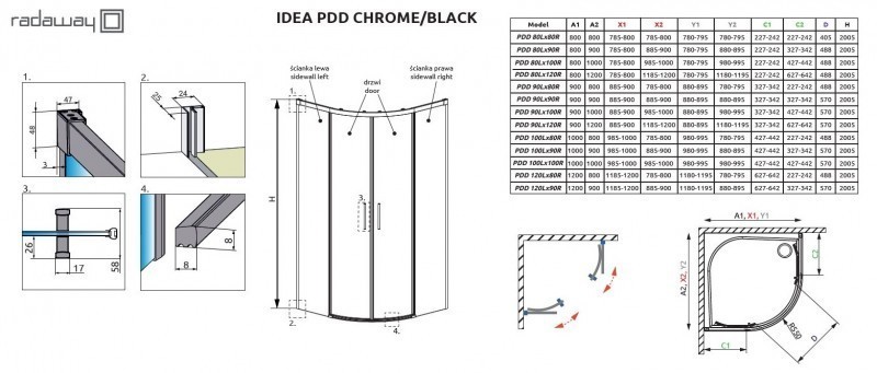 Radaway Idea Black PDD kabina półokrągła 100x100 drzwi przesuwne czarny przeźroczyste Easy Clean 387139-01-01+387142-54-01