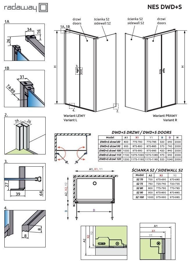 Radaway Nes DWD+S kabina prostokątna 110x75 drzwi dwuczęściowe wahadłowe 110 i ścianka 75 chrom przeźroczyste Easy Clean 10034110-01-01+10040075-01-01