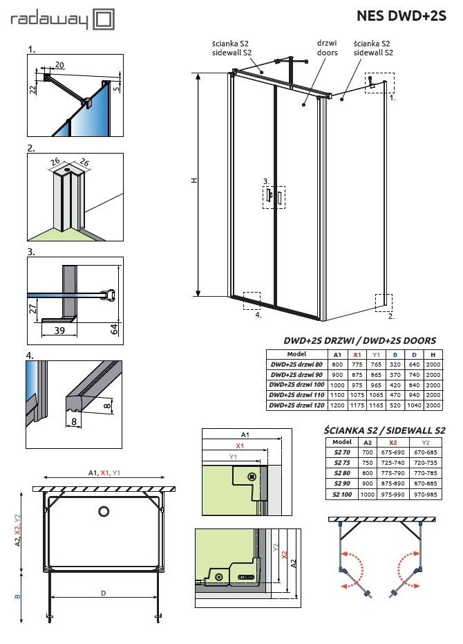 Radaway Nes DWD+2S kabina trójścienna 75x120x75 drzwi dwuczęściowe wahadłowe chrom przeźroczyste Easy Clean 10040075-01-01+10035120-01-01+10040075-01-01