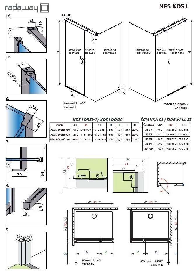 Radaway Nes KDS I kabina prostokątna 140x80 drzwi wahadłowe LEWE 140 i ścianka 80 chrom przeźroczyste Easy Clean 10023140-01-01L+10043080-01-01