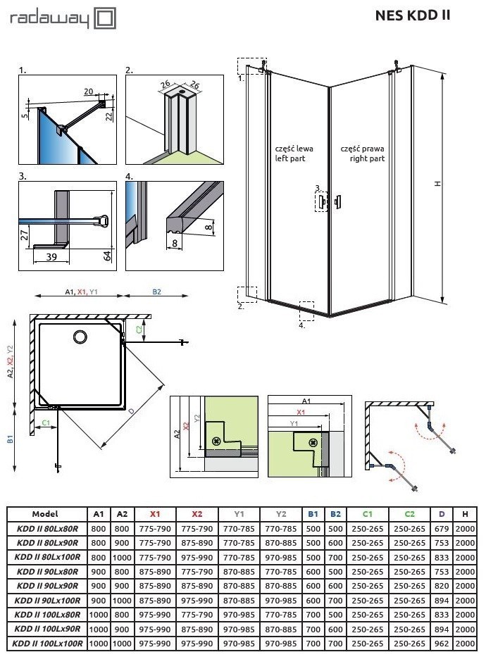 Radaway Nes KDD II kabina prostokątna 100Lx80R drzwi otwierane chrom przeźroczyste Easy Clean 10031100-01-01L+10031080-01-01R