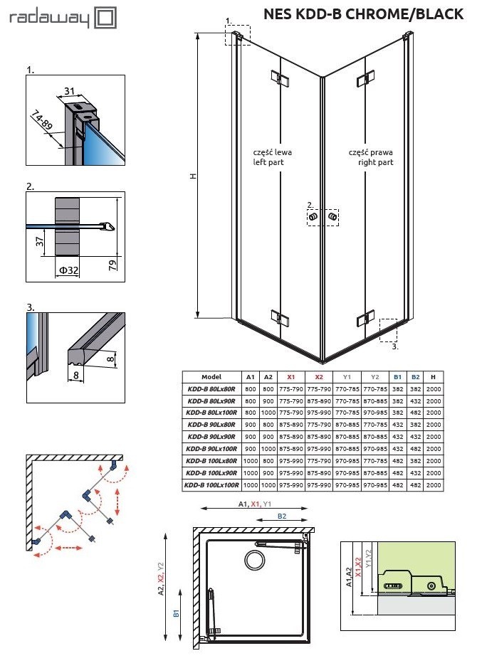 Radaway Nes KDD-B kabina kwadratowa 90x90 drzwi składane chrom przeźroczyste Easy Clean 10024090-01-01L+10024090-01-01R