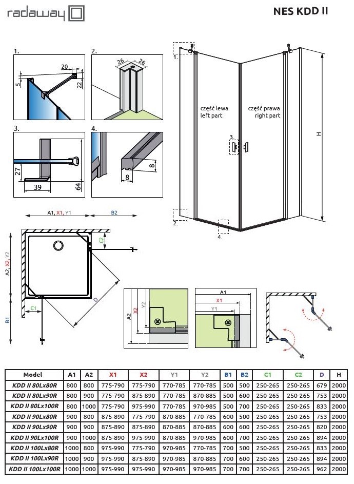 Radaway Nes KDD II kabina kwadratowa 80x80 drzwi otwierane chrom przeźroczyste Easy Clean 10031080-01-01L+10031080-01-01R