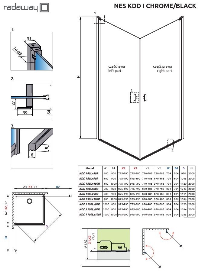 Radaway Nes KDD I kabina kwadratowa 80x80 drzwi otwierane chrom przeźroczyste Easy Clean 10021080-01-01L+10021080-01-01R