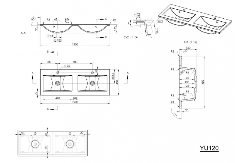 Sapho YUKON umywalka prostokątna 120x45cm wpuszczana w blat podwójna konglomerat biały YU120