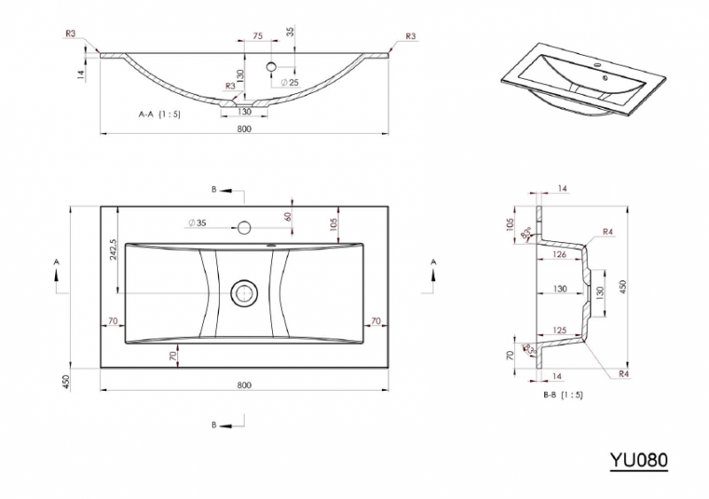 Sapho YUKON umywalka prostokątna 80x45cm wpuszczana w blat konglomerat biały YU080