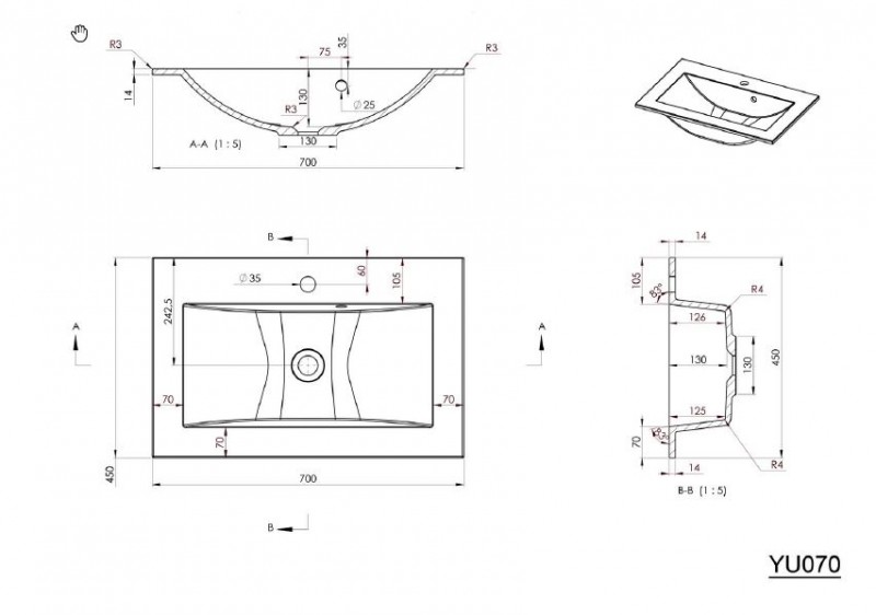 Sapho YUKON umywalka prostokątna 70x45cm wpuszczana w blat konglomerat biały YU070