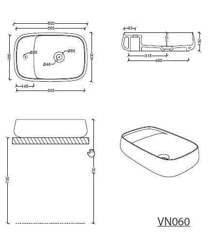 Sapho Aventin Umywalka owalna nablatowa/stawiana na blat ceramiczna 60x40cm biały VN060