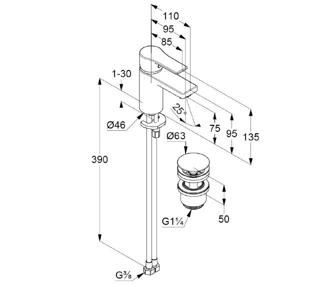 Kludi Zenta SL jednouchwytowa bateria umywalkowa 75 DN 15 z Click Clakiem 48 266 05 65