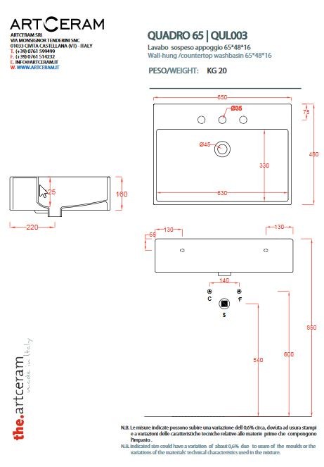 Artceram Quadro 65 umywalka stawiana na blat/wisząca 65x48 cm biały QUL003