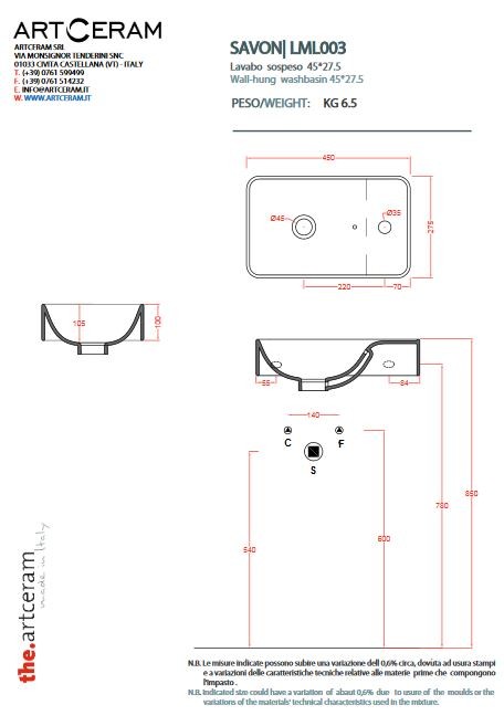 Artceram Lavamani Savon umywalka wisząca ceramiczna 45x27 cm biały LML003