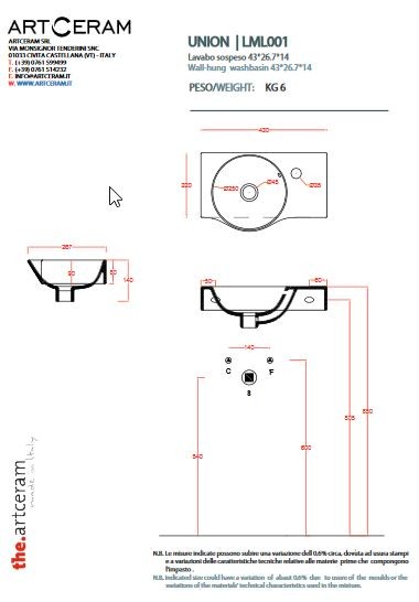 Artceram Lavamani Union umywalka wisząca ceramiczna 43x27 cm biały LML001