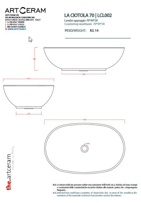 Artceram LA CIOTOLA 70 umywalka ceramiczna stawiana na blat owalna 70x44 cm biały LCL002