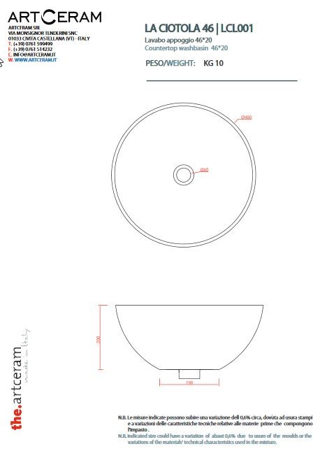 Artceram LA CIOTOLA 46 umywalka ceramiczna stawiana na blat owalna 46 cm biały LCL001
