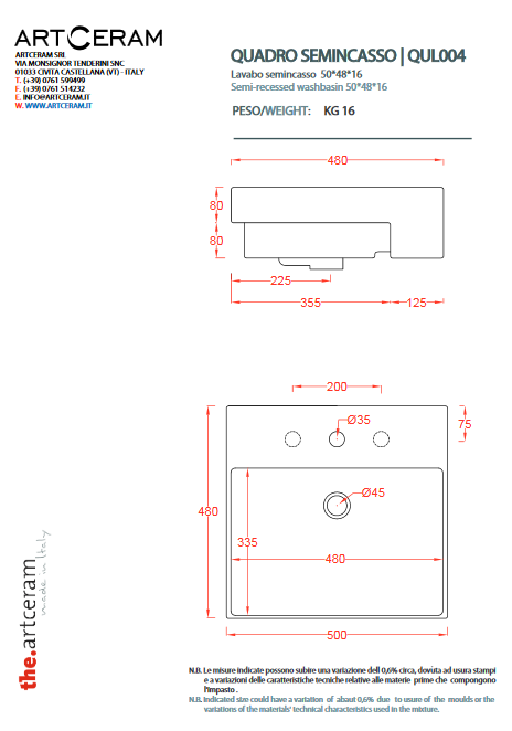 Artceram Quadro 50 umywalka stawiana na blat 50x48 cm biały QUL004