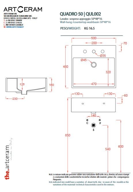 Artceram Quadro 50 umywalka stawiana na blat/ wisząca 50x48 cm biały QUL002