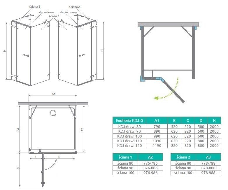 Radaway Euphoria KDJ+S kabina trójścienna prostokątna 75x110x75 prawa drzwi otwierane chrom przeźroczyste Easy Clean 383812-01R + 383221-01R + 383056-01 + 383034-01