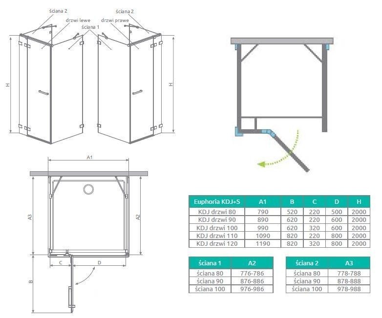 Radaway Euphoria KDJ+S kabina trójścienna prostokątna 75x80x75 prawa drzwi otwierane chrom przeźroczyste Easy Clean 383512-01R + 383221-01R + 383056-01 + 383034-01