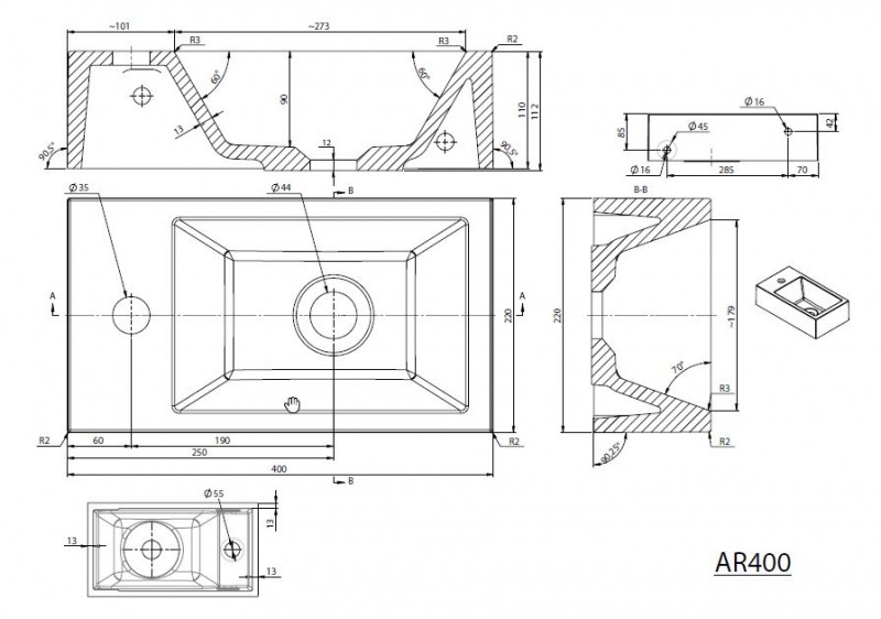 Sapho SMALL Amarok umywalka mała prostokątna wisząca /nablatowa 40x22cm prawa konglomerat AR500