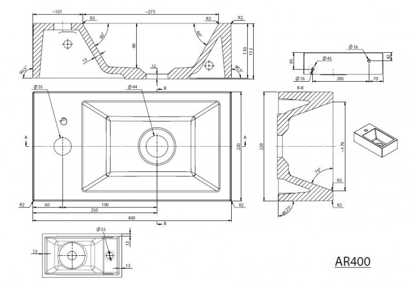 Sapho SMALL Amarok umywalka mała prostokątna wisząca /nablatowa 40x22cm lewa konglomerat AR400