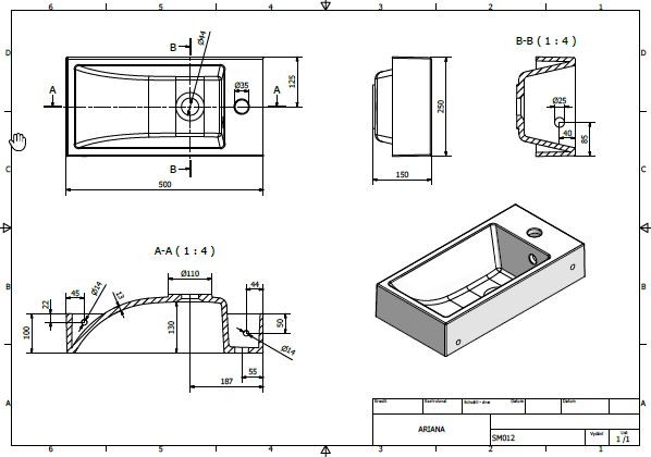 Sapho SMALL Ariana umywalka mała prostokątna wisząca /wpuszczana w blat 50x25 lewa konglomerat SM012