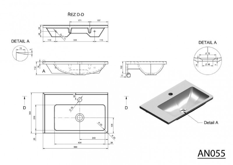 Sapho Arana umywalka prostokątna narożna wisząca 56x35 lewa konglomerat AN055