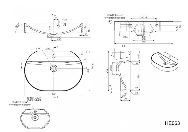 Sapho Helen Umywalka owalna nablatowa/stawiana na blat/wisząca konglomerat biały 63x43 HE063
