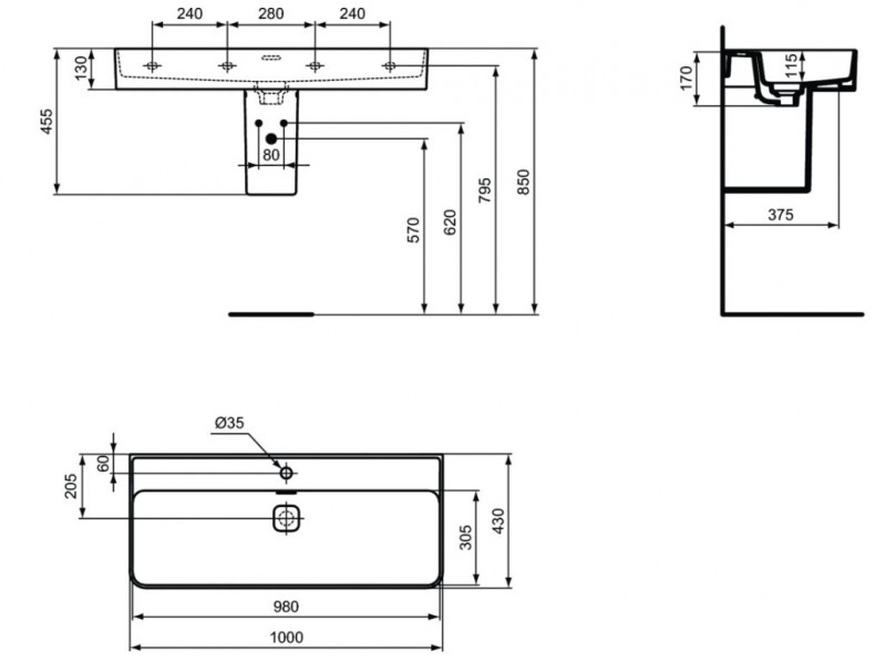 Ideal Standard Strada II umywalka wisząca 100 cm z 1 otworem na baterię T300201