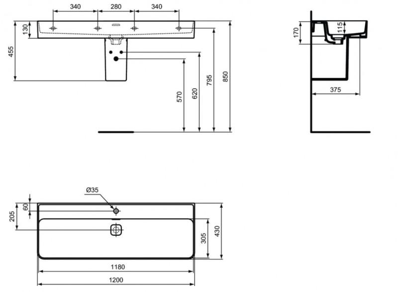 Ideal Standard Strada II umywalka wisząca 120 cm z 1 otworem na baterię T300601