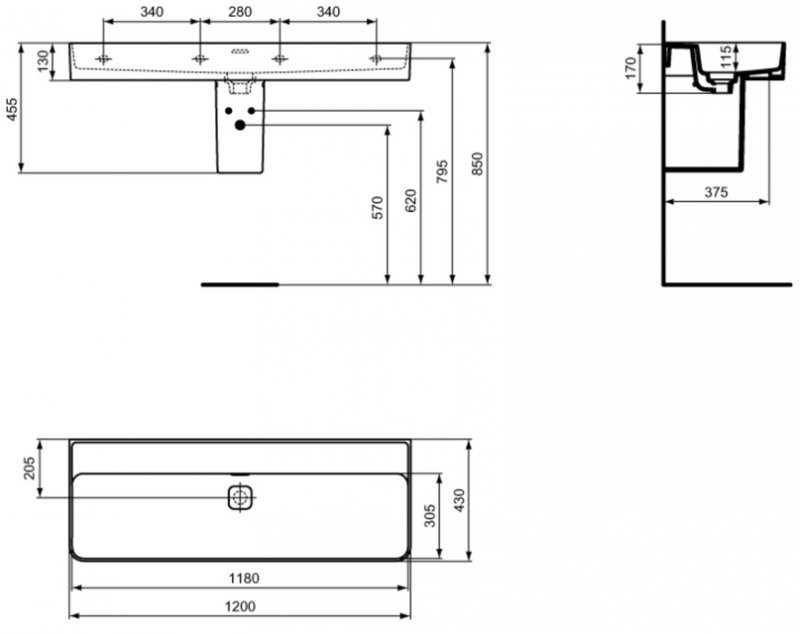 Ideal Standard Strada II umywalka nablatowa 120 cm bez otworu na baterię T365301