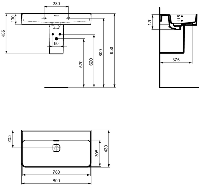 Ideal Standard Strada II umywalka nablatowa 80 cm bez otworu na baterię T365101