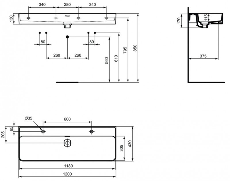 Ideal Standard Strada II umywalka wisząca 120 cm z 2 otworami na baterię T359501