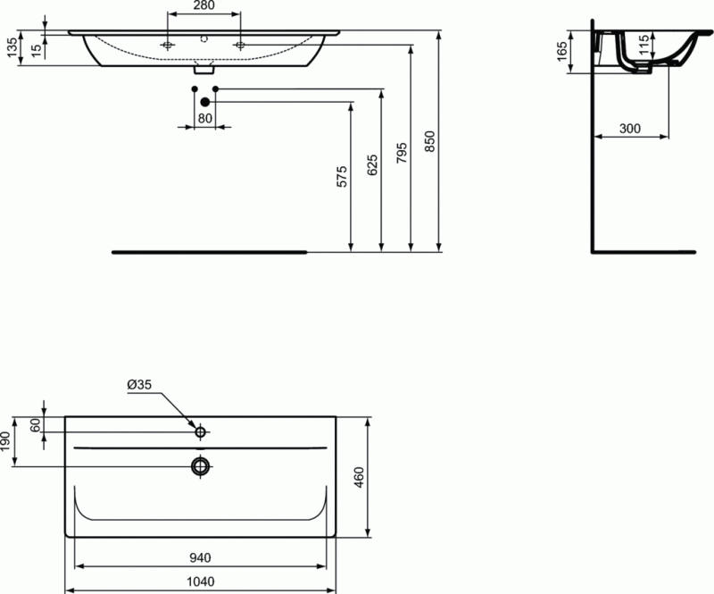 Ideal Connect Air umywalka wisząca z powierzchniami bocznymi 104 cm z otworami na baterię i przelewem E027401