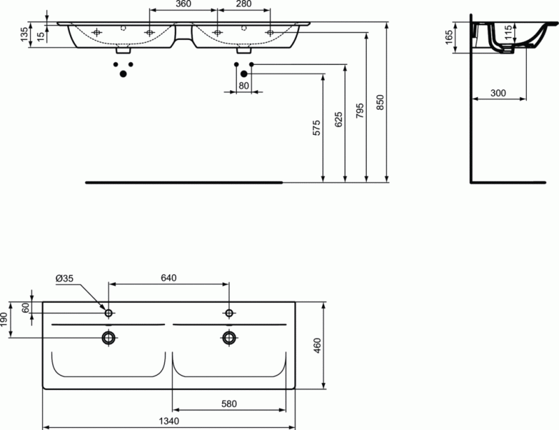 Ideal Connect Air umywalka wisząca podwójna z powierzchniami bocznymi 134 cm z otworami na baterię i przelewem E027201