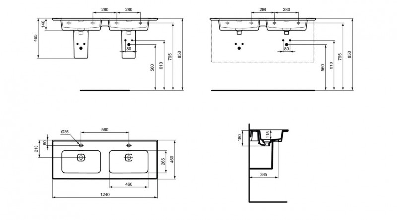 Ideal Standard Strada II umywalka wisząca podwójna 124 cm z otworami na baterię T300501