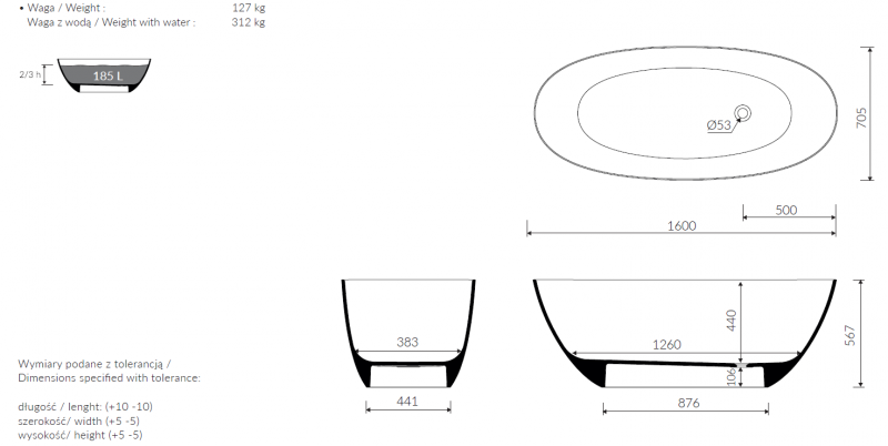 Marmorin Wika wanna wolnostojąca 160x70,5 Mineralicast P_W_648_01_1600