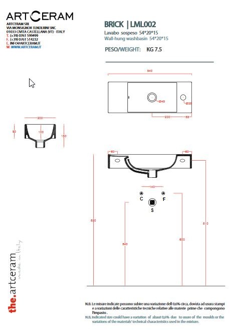 Artceram Lavamani Brick umywalka wisząca ceramiczna 54x20 cm biały LML002