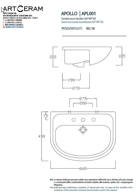 Artceram APOLLO umywalka półblatowa 66x49 cm biały APL001