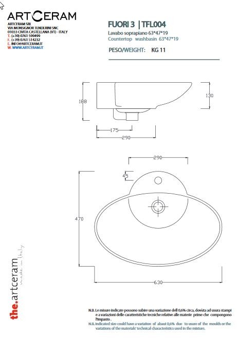 Artceram FUORI 3 umywalka stawiana na blat 63x47 cm biały TFL004