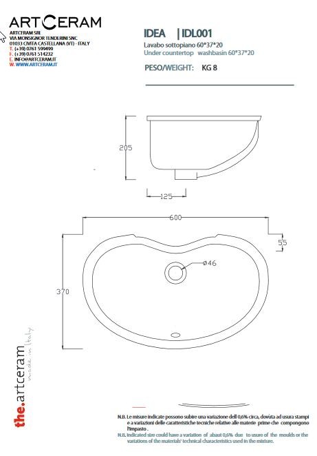 Artceram IDEA umywalka podblatowa 60x37 cm biały IDL001