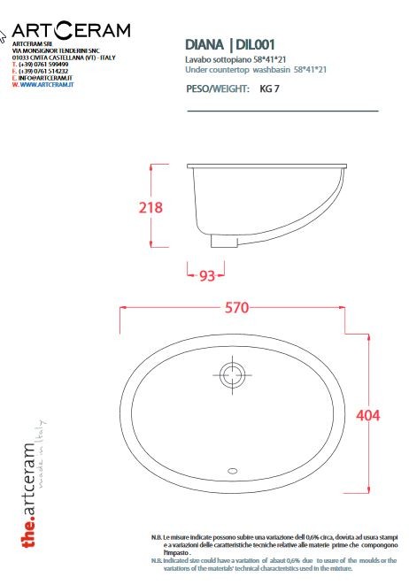 Artceram DIANA umywalka podblatowa 57x40 cm biały DIL001