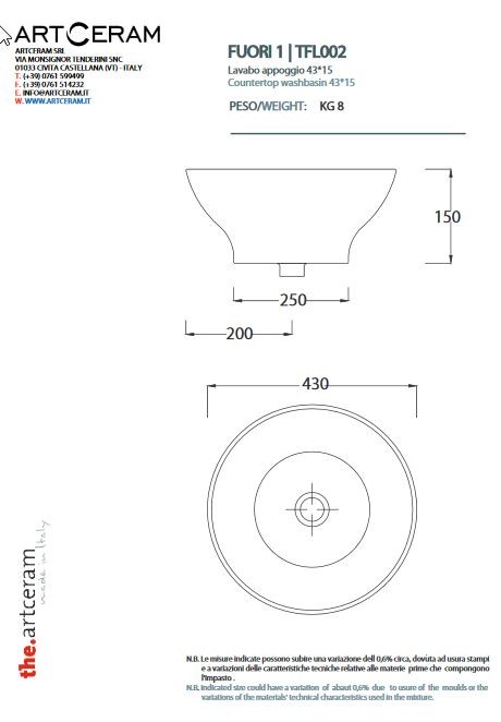 Artceram FUORI 1 umywalka stawiana na blat 43x43 cm biały TFL002
