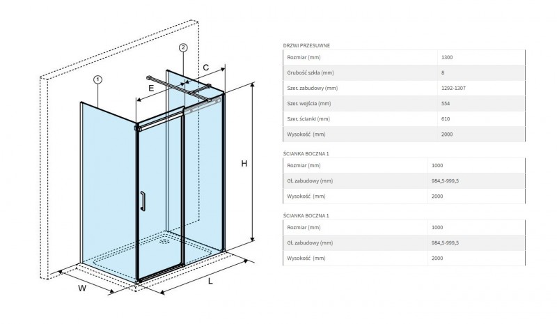 Excellent Rols kabina trójścienna prostokątna 130x100 cm drzwi przesuwne chrom przeźroczyste Clean Control
