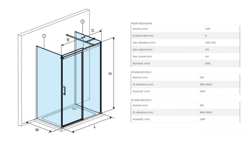 Excellent Rols kabina trójścienna prostokątna 130x90 cm drzwi przesuwne chrom przeźroczyste Clean Control