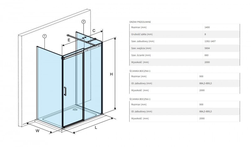 Excellent Rols kabina trójścienna prostokątna 140x90 cm drzwi przesuwne chrom przeźroczyste Clean Control