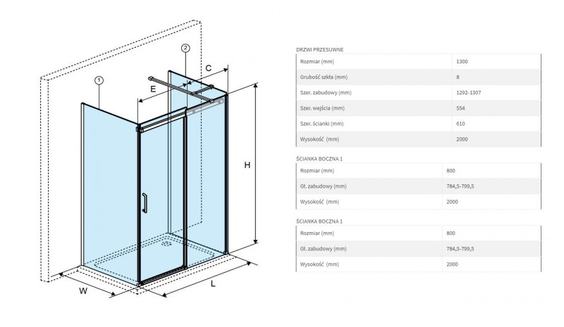 Excellent Rols kabina trójścienna prostokątna 130x80 cm drzwi przesuwne chrom przeźroczyste Clean Control