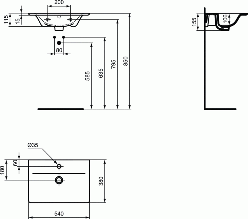 Ideal Connect Air umywalka wisząca z powierzchniami bocznymi 54 cm z otworami na baterię i przelewem E029601