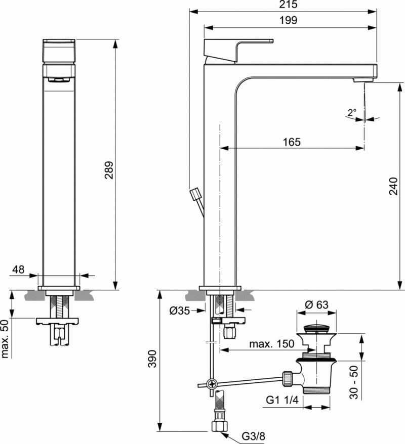 Ideal Standard Edge bateria umywalkowa stojąca wysoka z korkiem automatycznym chrom A7112AA