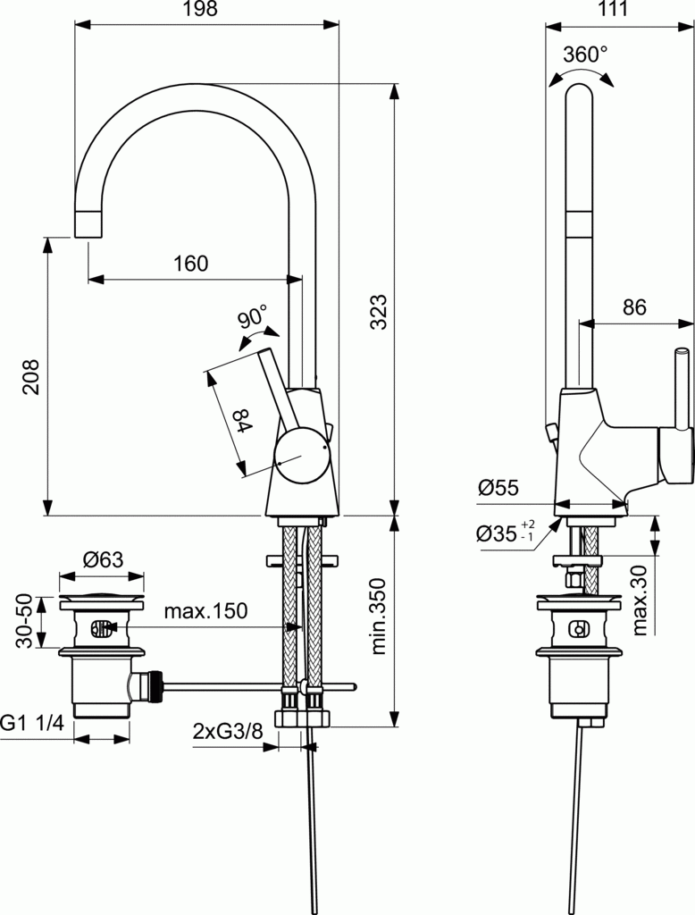 Ideal Standard Ceraline bateria umywalkowa stojąca z wysoką wylewką z metalowym korkiem automatycznym chrom BC195AA
